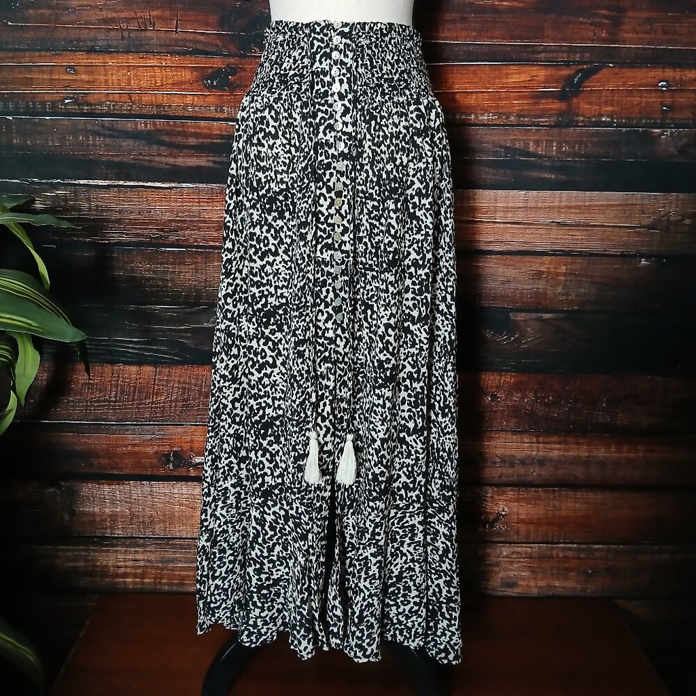 Rachel Zoe Maxi Skirt M Hi-Low Smocked Waist Button Front Slit Tassel Tie